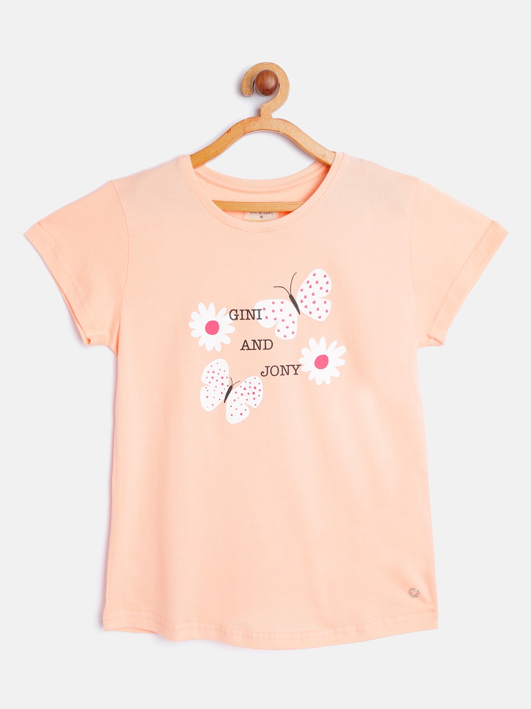 

Gini and Jony Girls Peach-Coloured & White Cotton Typography Print T-shirt