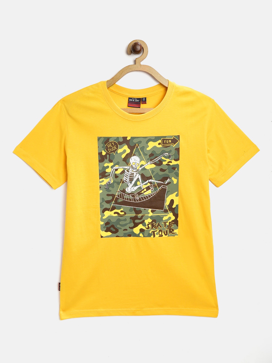 

Gini and Jony Boys Yellow & Olive Green Cotton Printed T-shirt
