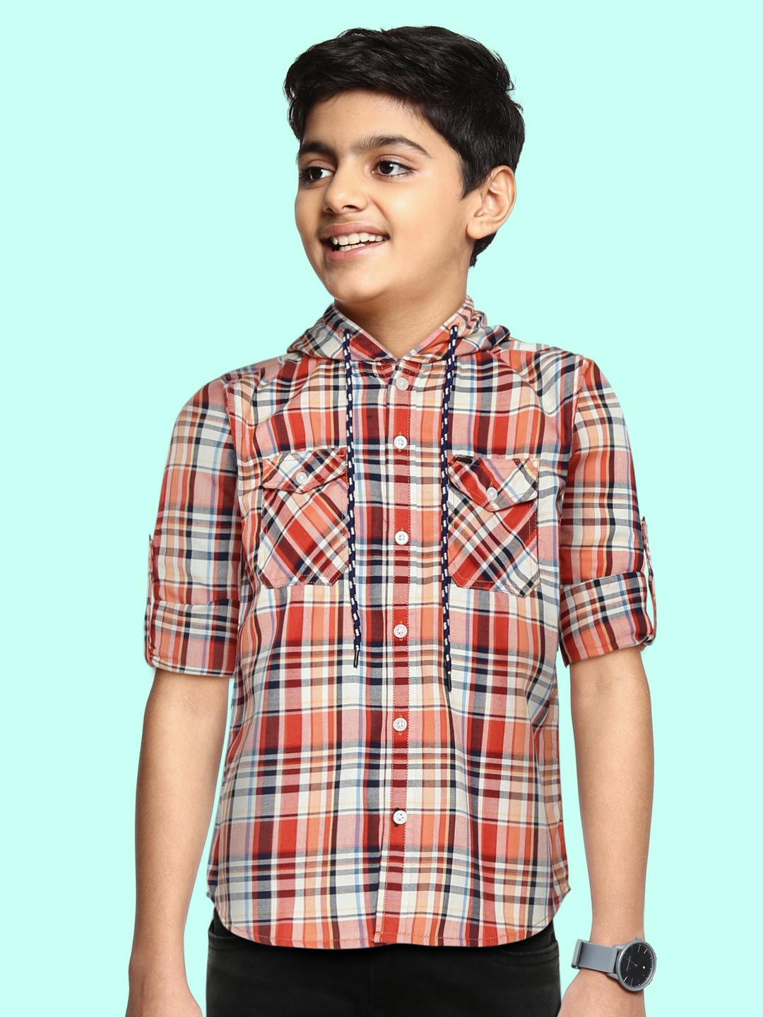 

Gini and Jony Boys Red & Navy Blue Cotton Tartan Checks Hooded Casual Shirt