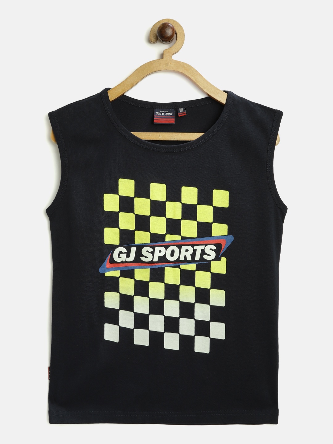 

Gini and Jony Boys Navy Blue & Yellow Cotton Printed Sleeveless T-shirt