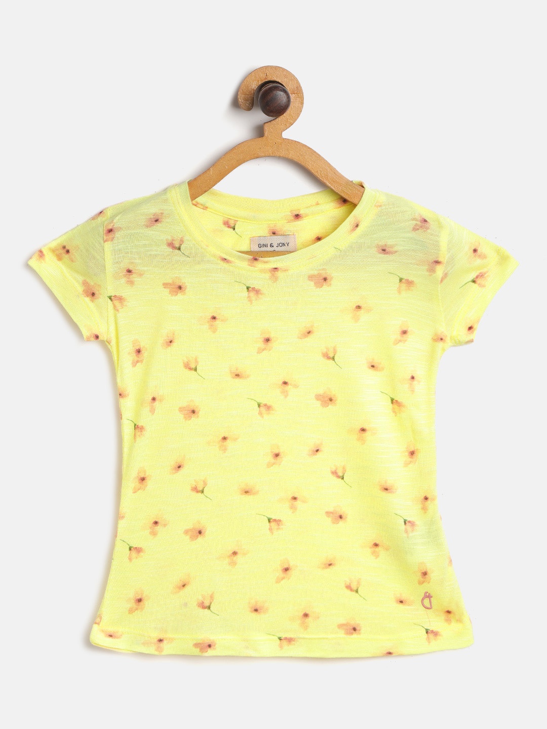 

Gini and Jony Girls Yellow & Pink Cotton Floral Printed T-shirt