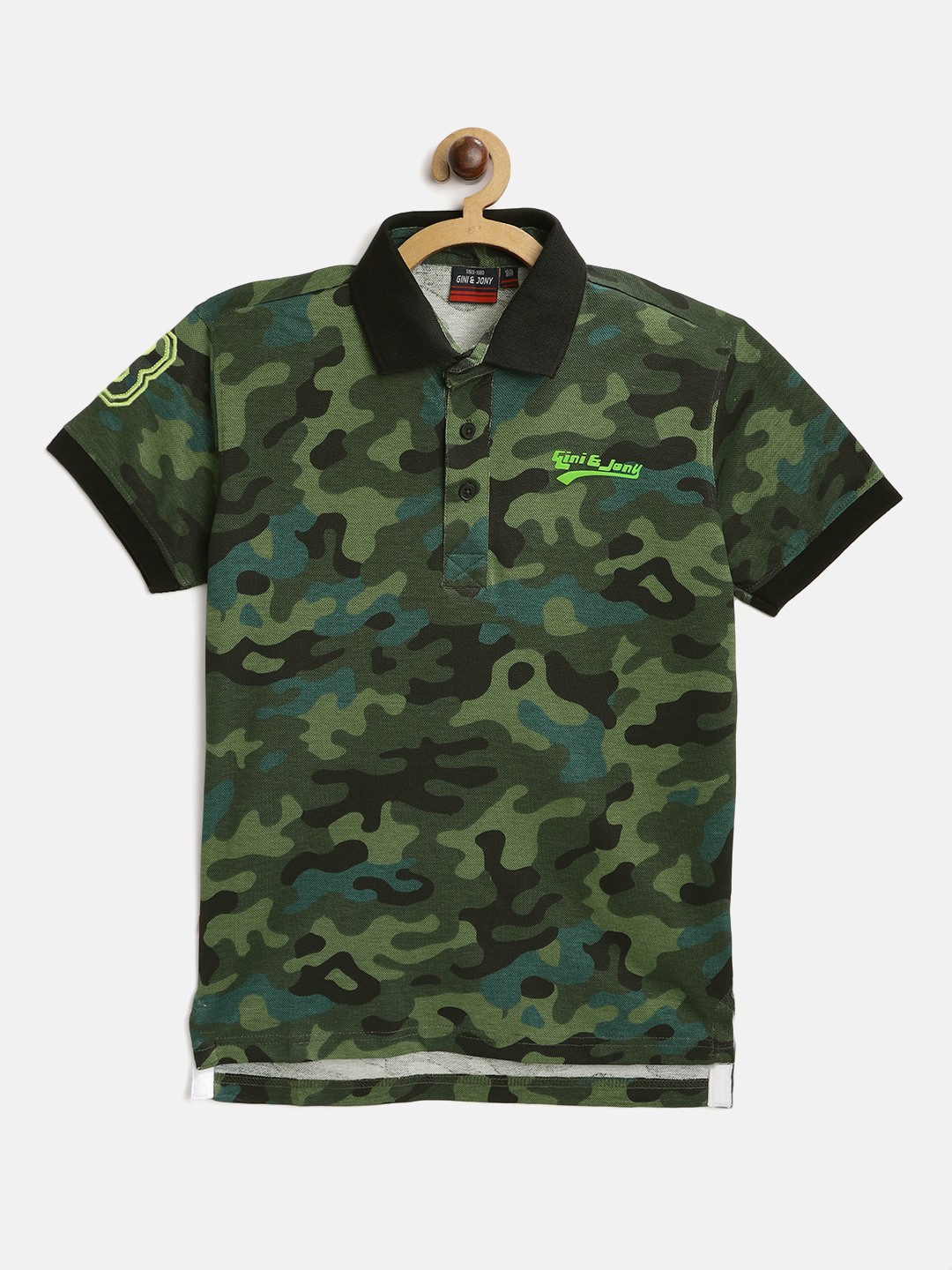 

Gini and Jony Boys Olive Green & Black Cotton Camouflage Polo Collar T-shirt