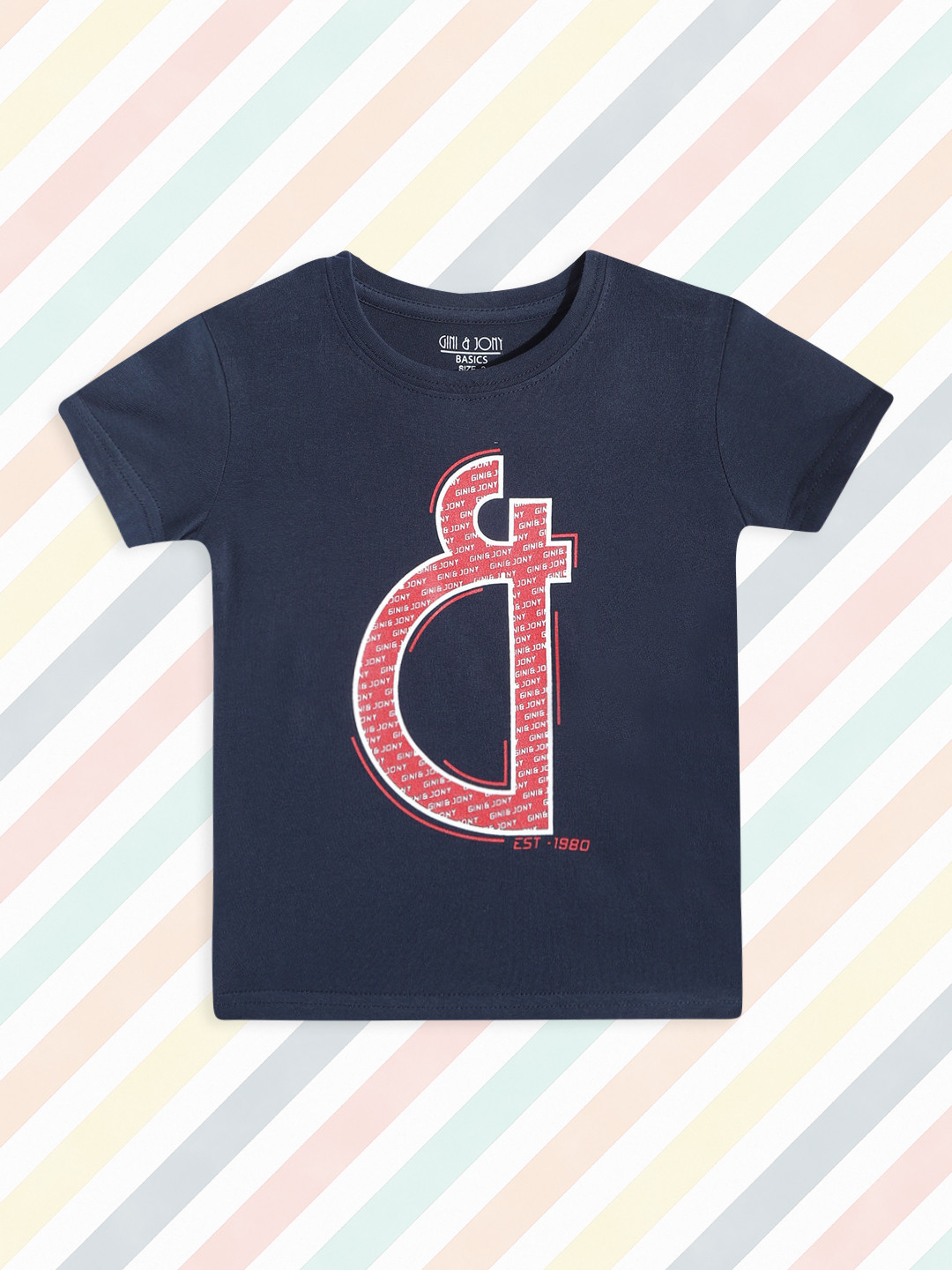 

Gini and Jony Boys Navy Blue & Red Brand Logo Print Pure Cotton T-shirt