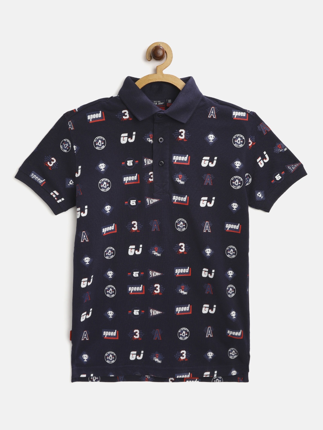 

Gini and Jony Boys Navy Blue & White Cotton Typography Printed Polo Collar T-shirt