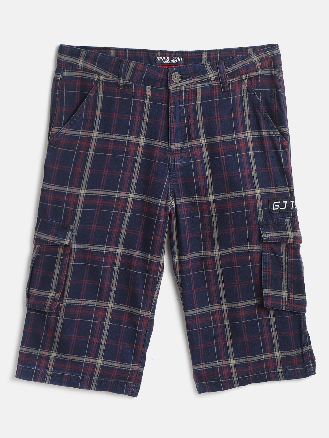 

Gini and Jony Boys Navy Blue & Burgundy Pure Cotton Classic Fit Checked Cargo Shorts