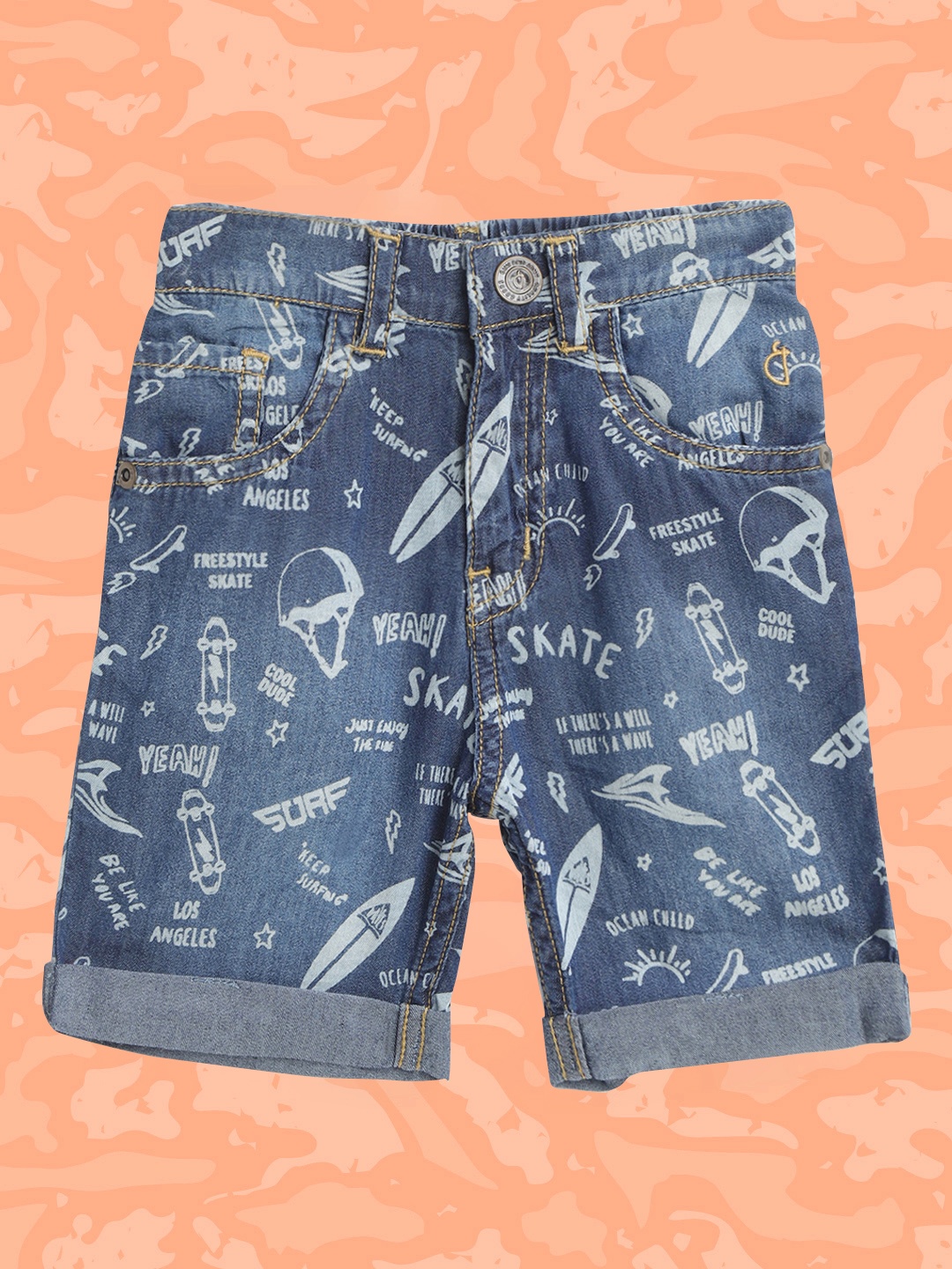 

Gini and Jony Boys Blue Chambray Pure Cotton Typography Printed Shorts