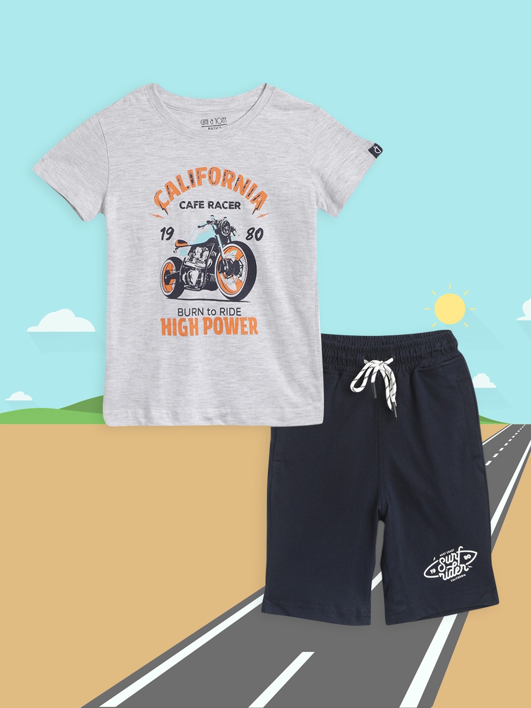 

Gini and Jony Boys Grey Melange & Navy Blue Pure Cotton Printed T-shirt with Shorts