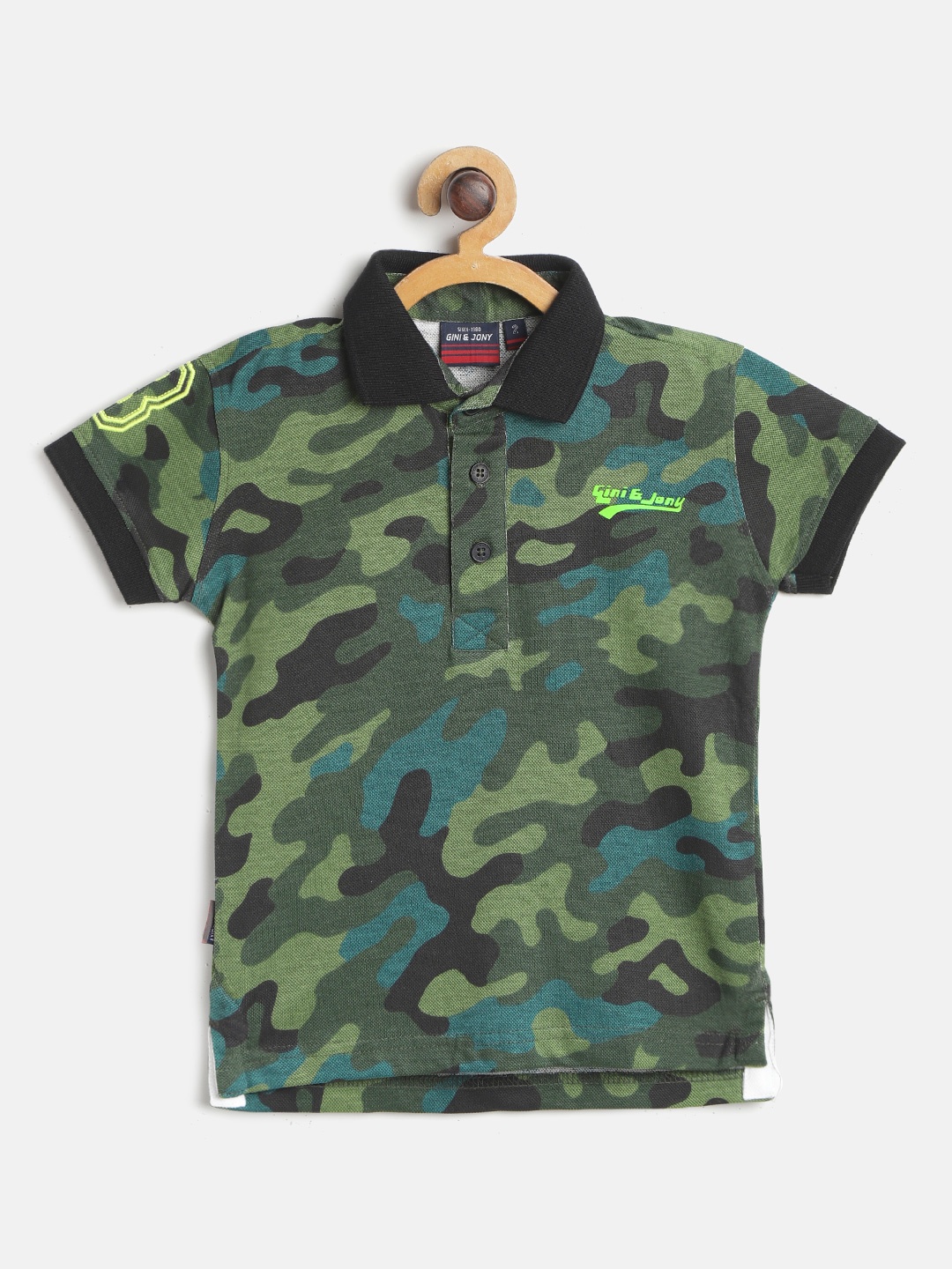 

Gini and Jony Boys Green & Black Pure Cotton Camouflage Printed Polo Collar T-shirt