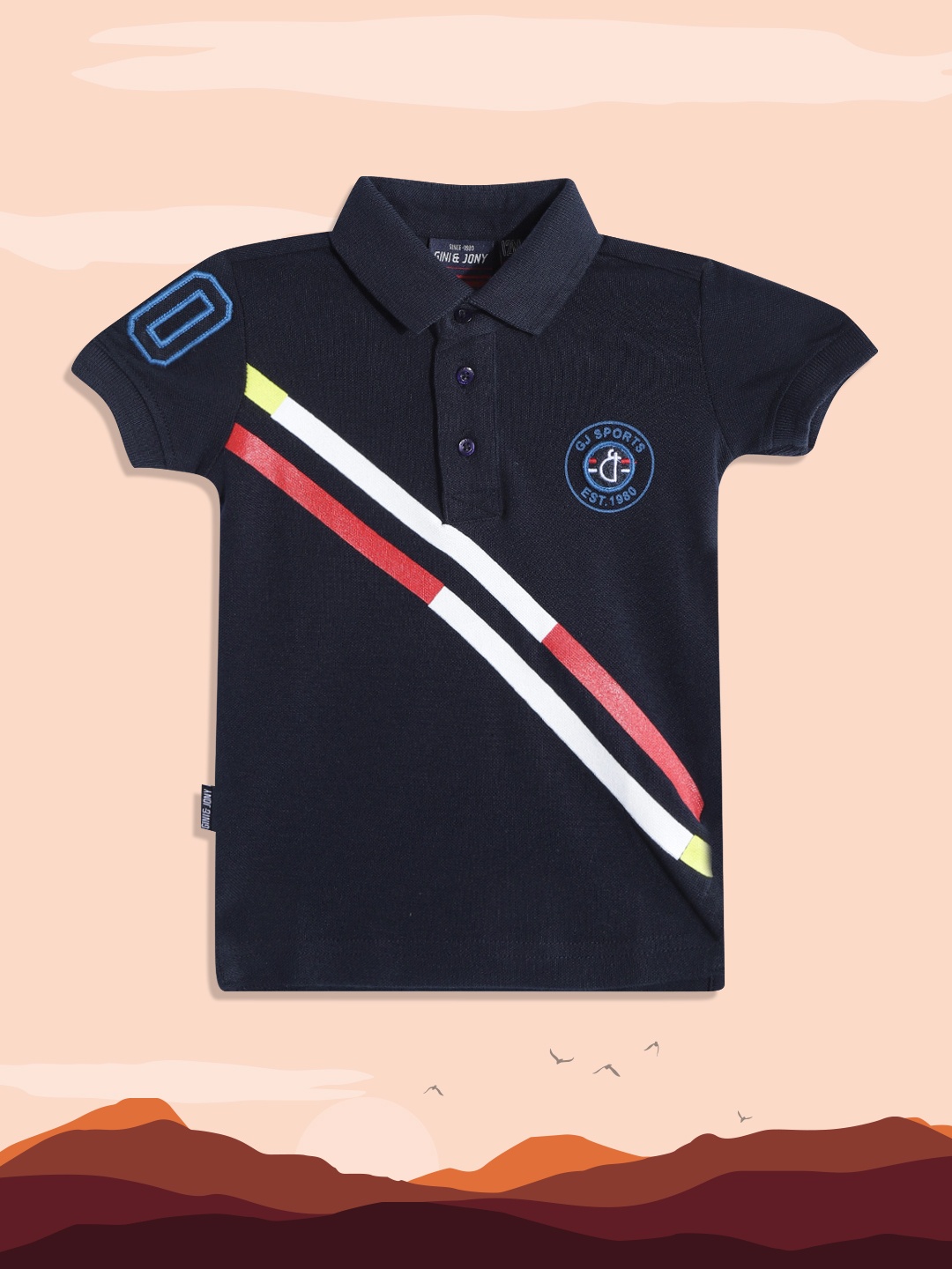 

Gini and Jony Infant Boys Navy Blue & White Striped Polo Collar Pure Cotton T-shirt