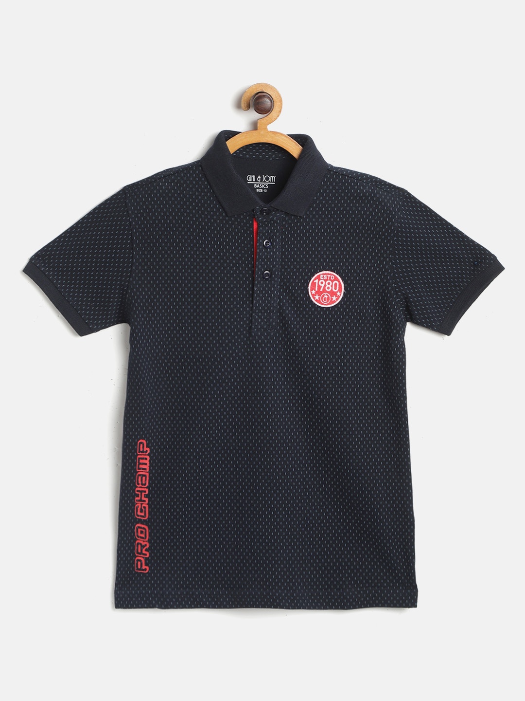 

Gini and Jony Boys Navy Blue Pure Cotton Ditsy Printed Polo Collar T-shirt