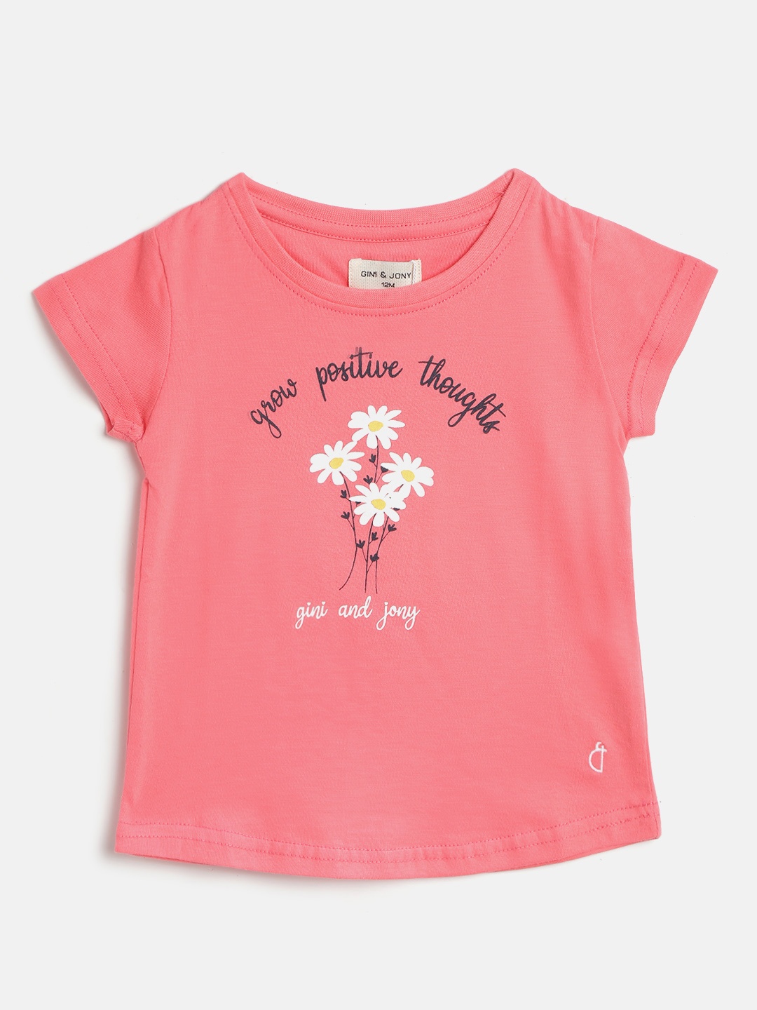 

Gini and Jony Girls Pink & White Cotton Floral Printed T-shirt