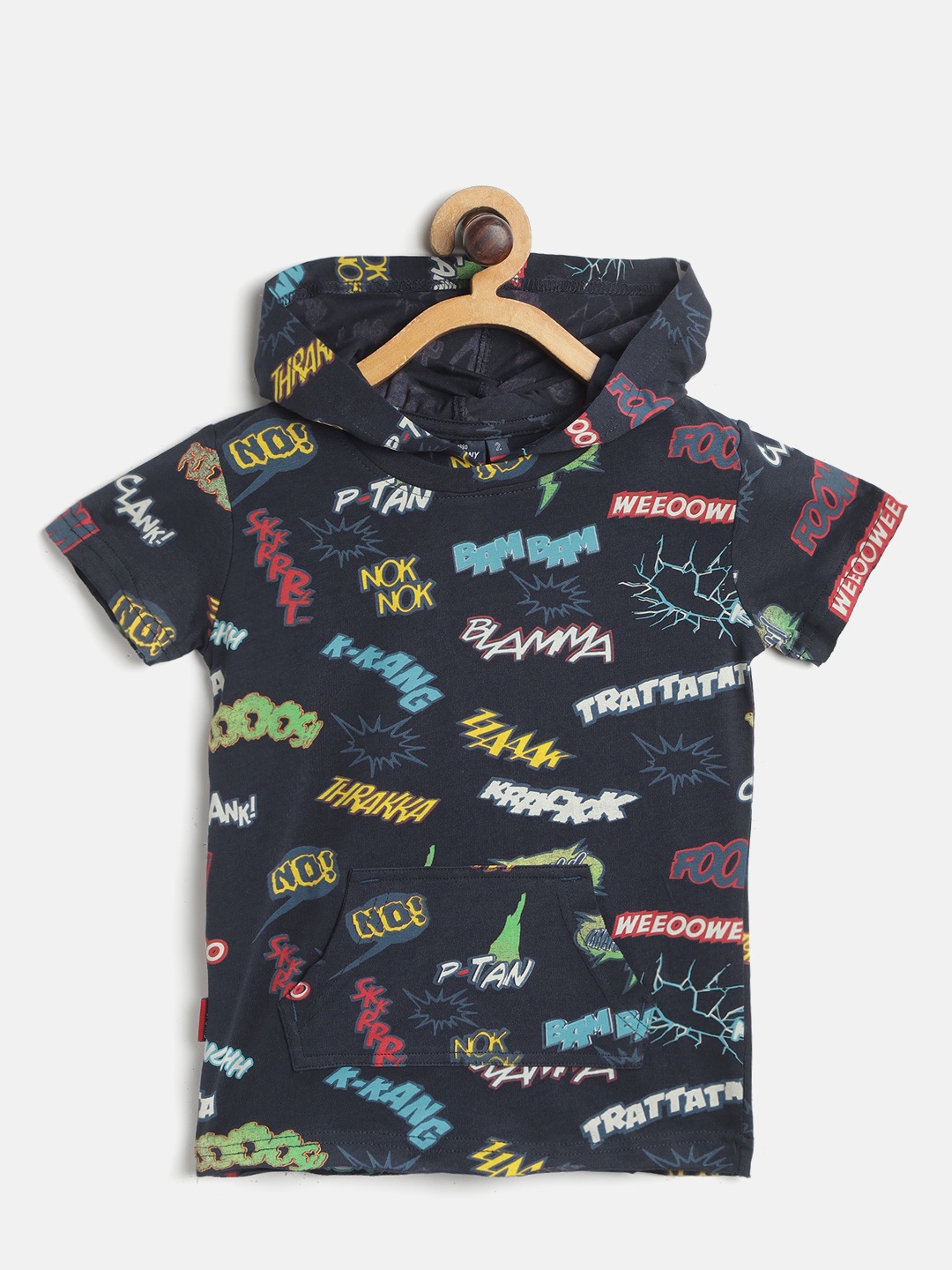 

Gini and Jony Boys Navy Blue & Off White Typography Printed Hooded T-shirt