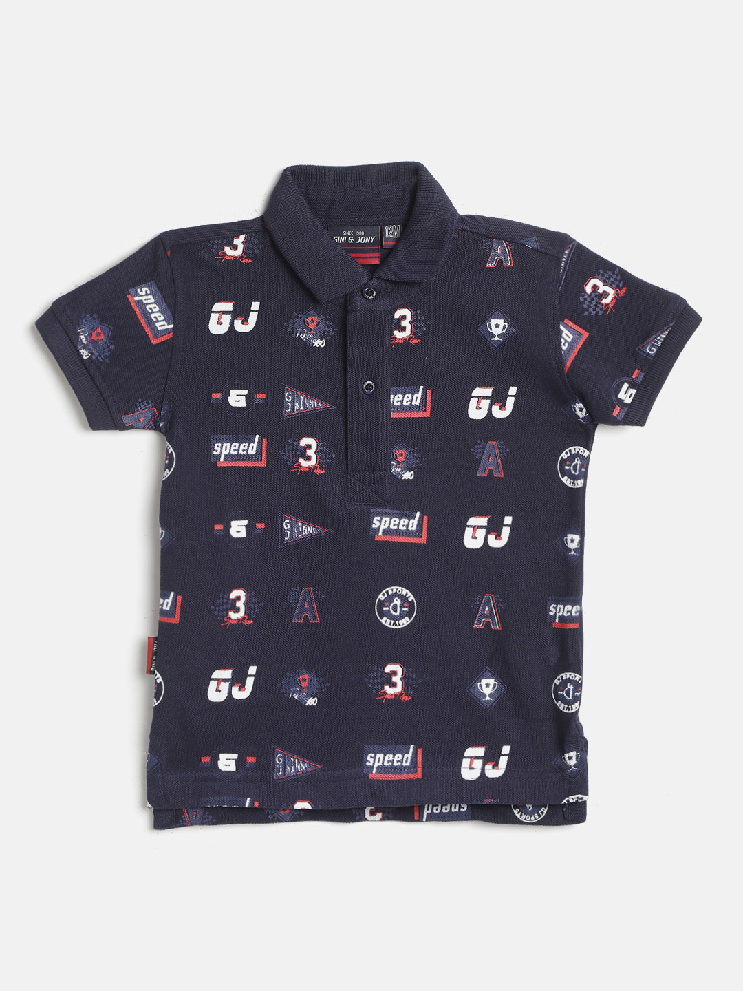 

Gini and Jony Infant Boys Navy Blue & White Cotton Brand Logo Printed Polo Collar T-shirt