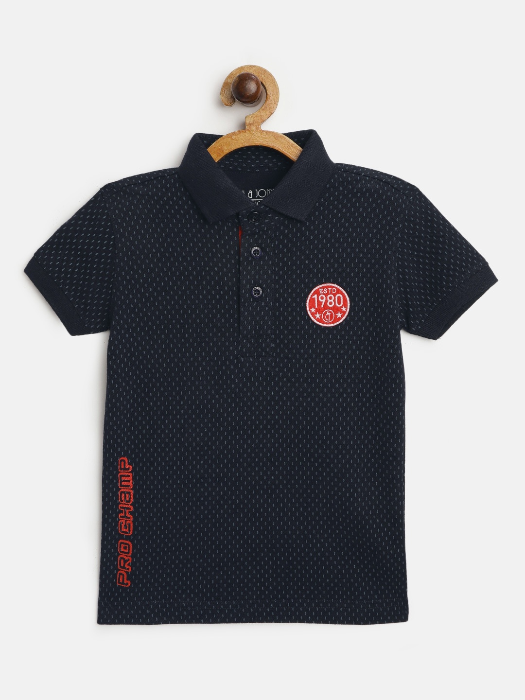 

Gini and Jony Boys Navy Blue & Charcoal Grey Ditsy Printed Polo Collar Cotton T-shirt