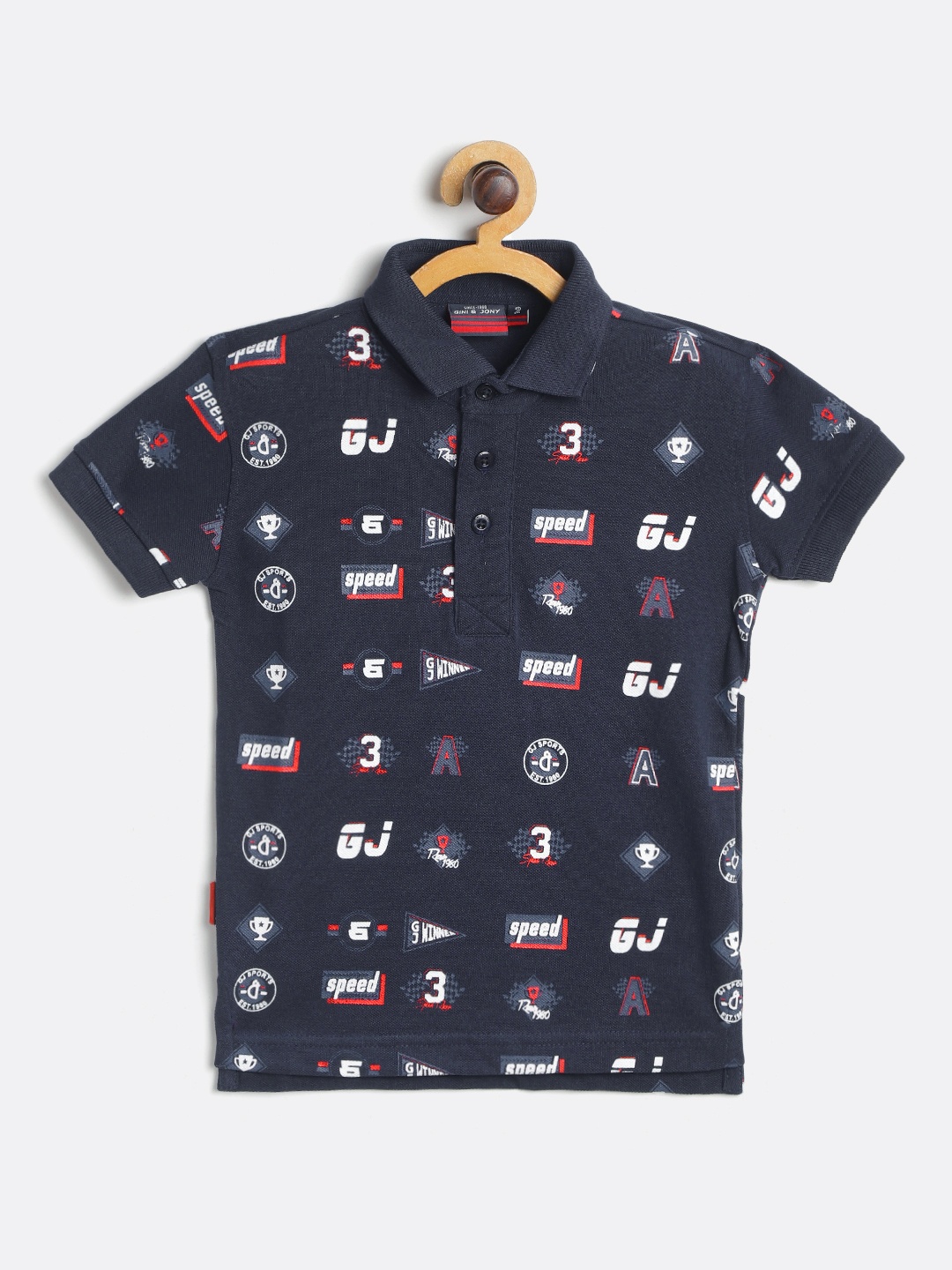 

Gini and Jony Boys Navy Blue & White Pure Cotton Brand Logo Printed Polo Collar T-shirt
