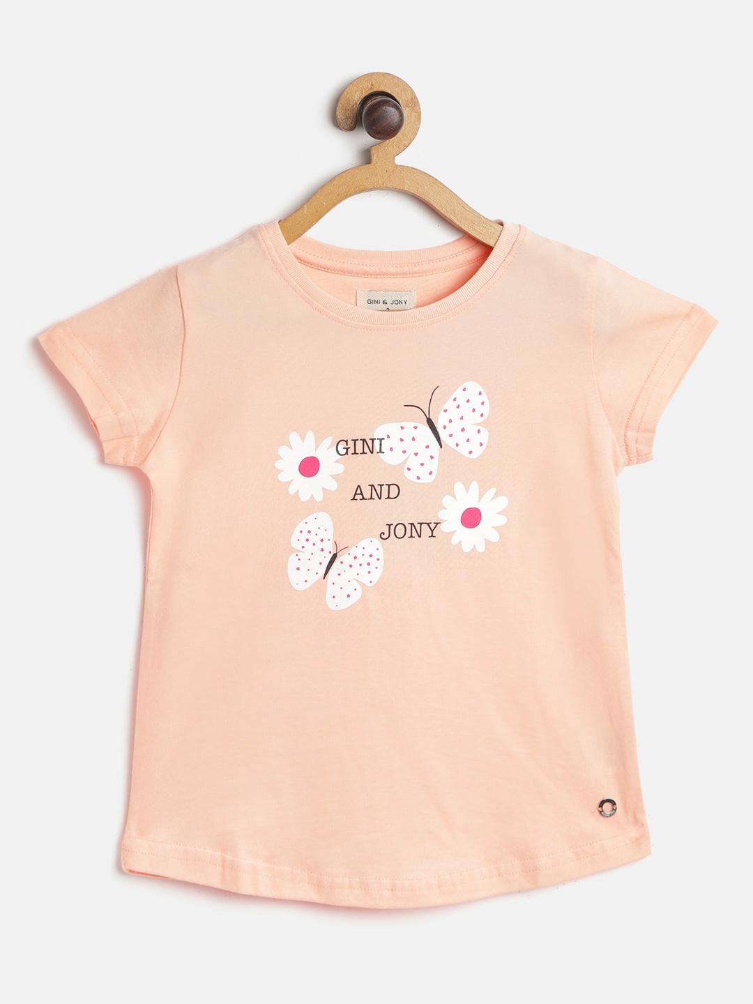 

Gini and Jony Girls Peach-Coloured & White Cotton Floral Printed T-shirt