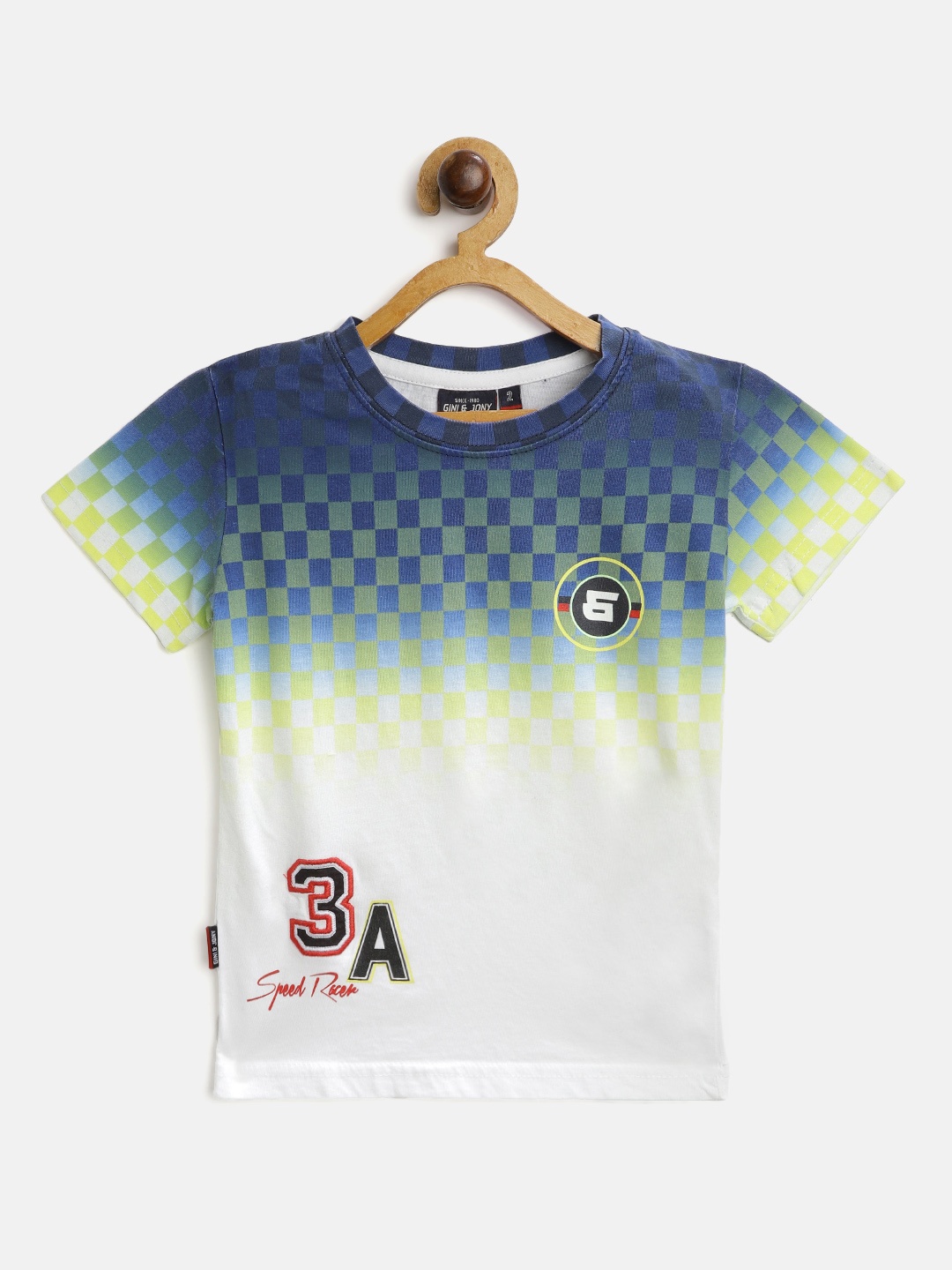 

Gini and Jony Boys Blue & Yellow Pure Cotton Checked Applique Detail T-shirt