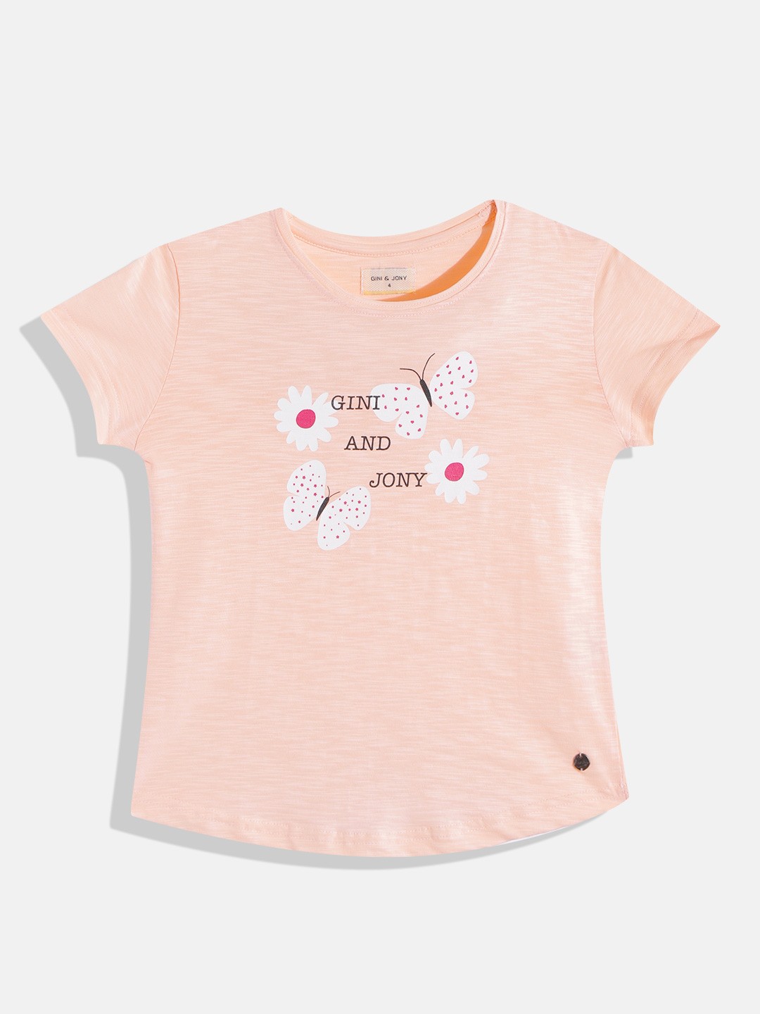 

Gini and Jony Girls Peach-Coloured & White Brand Name & Floral Print Pure Cotton T-shirt