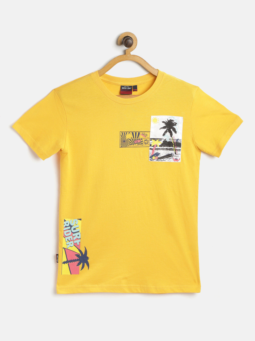 

Gini and Jony Boys Mustard Yellow & Black Pure Cotton Tropical Print Round Neck T-shirt