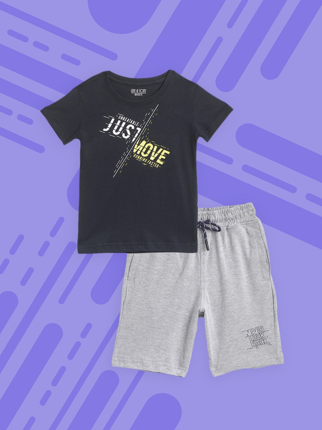 

Gini and Jony Boys Navy Blue & Grey Melange Pure Cotton Printed T-shirt with Shorts