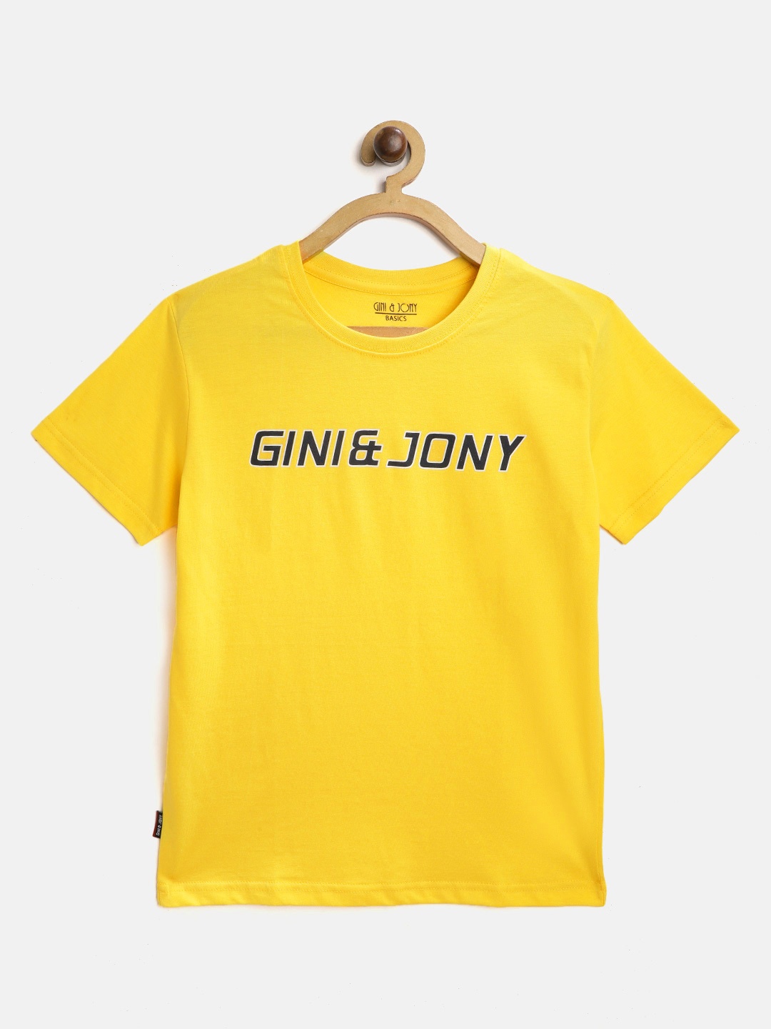 

Gini and Jony Boys Mustard Yellow & Black Pure Cotton Brand Logo Printed T-shirt