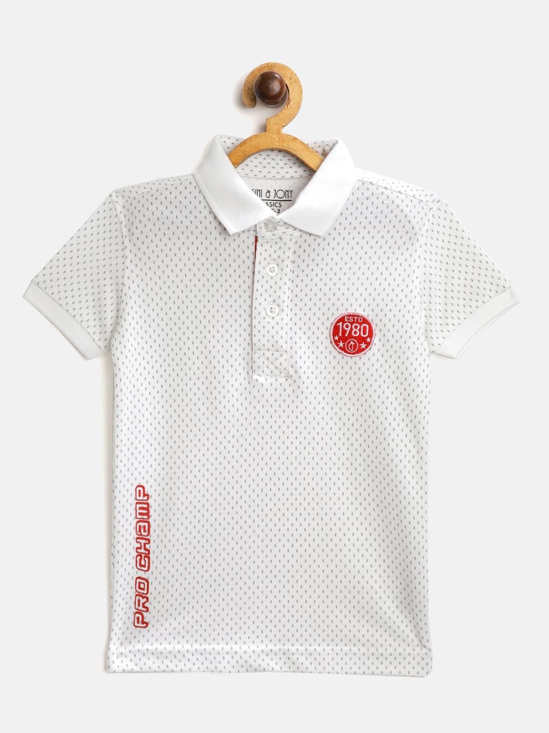 

Gini and Jony Boys White & Grey Pure Cotton Micro Ditsy Print Polo Collar T-shirt