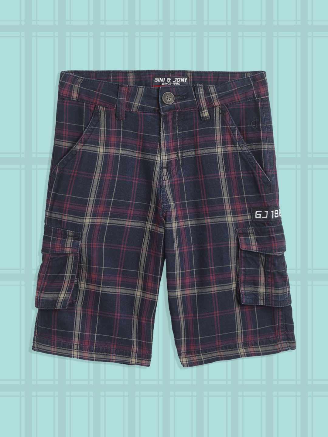 

Gini and Jony Boys Navy Blue & Burgundy Pure Cotton Classic Fit Checked Cargo Shorts