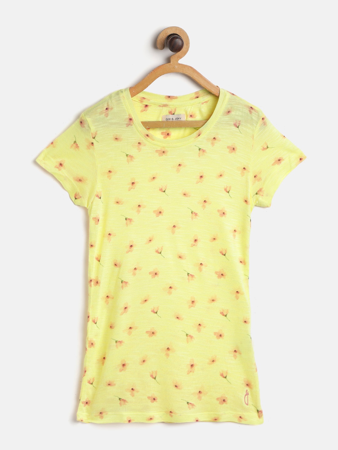 

Gini and Jony Girls Yellow & Pink Cotton Floral Printed T-shirt