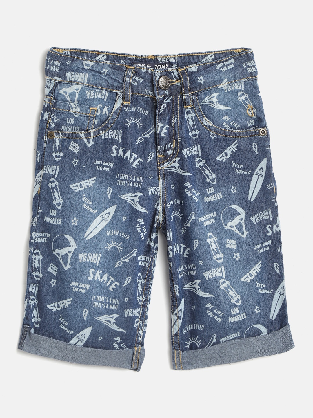 

Gini and Jony Boys Blue Chambray Pure Cotton Typography Printed Shorts