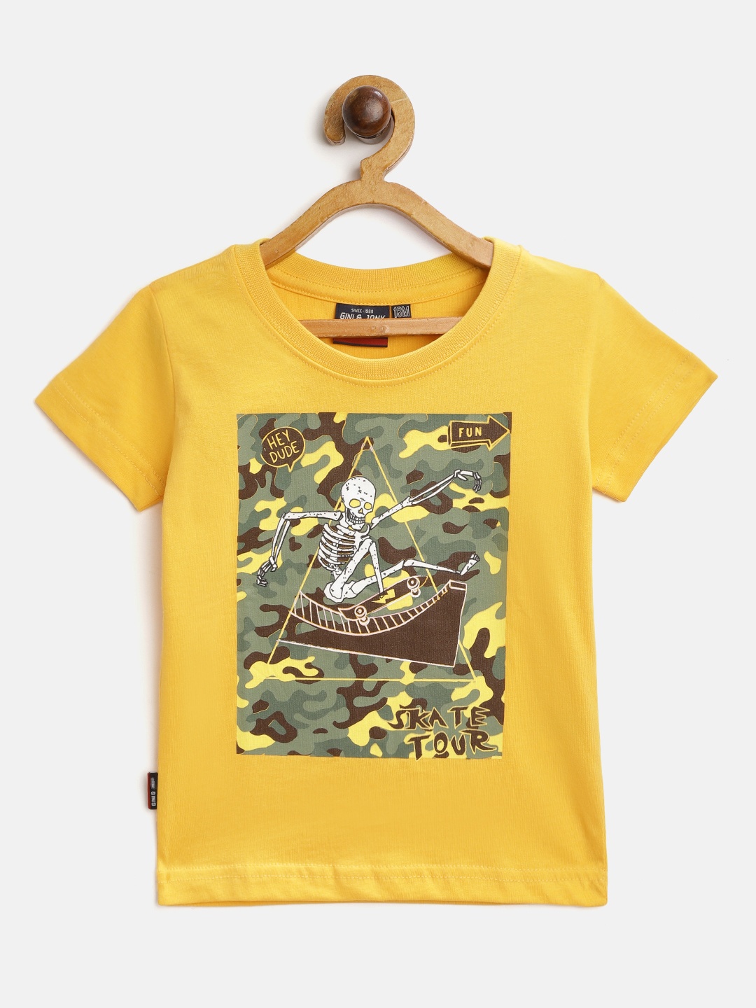 

Gini and Jony Boys Mustard Yellow & Olive Green Pure Cotton Camouflage Printed T-shirt