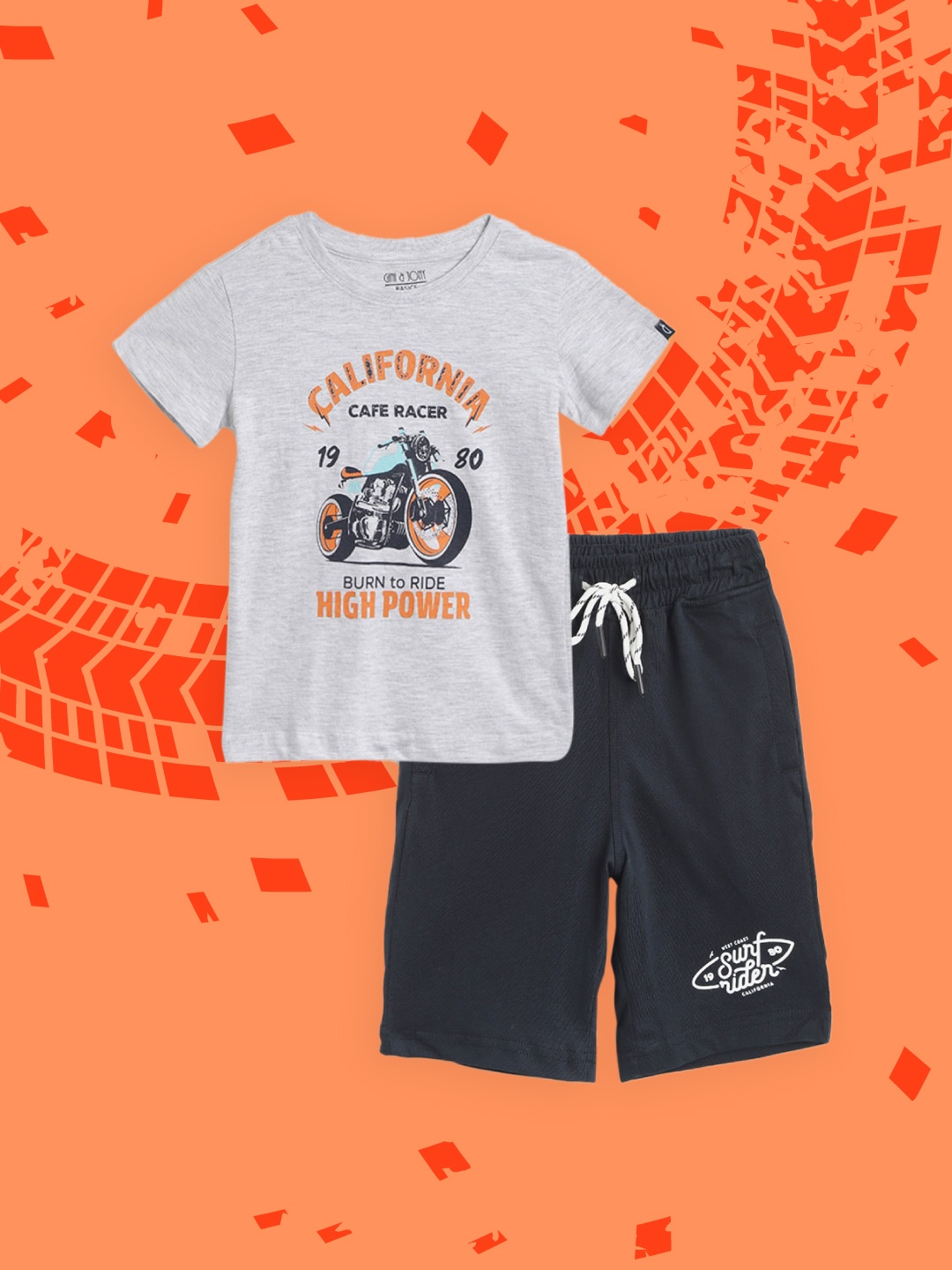 

Gini and Jony Boys Grey Melange & Navy Blue Pure Cotton Printed T-shirt with Shorts