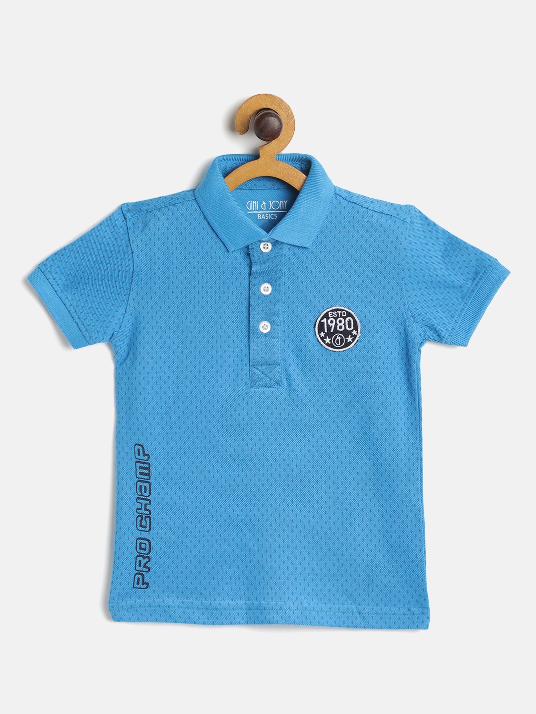 

Gini and Jony Boys Blue Pure Cotton Micro Ditsy Print Polo Collar T-shirt