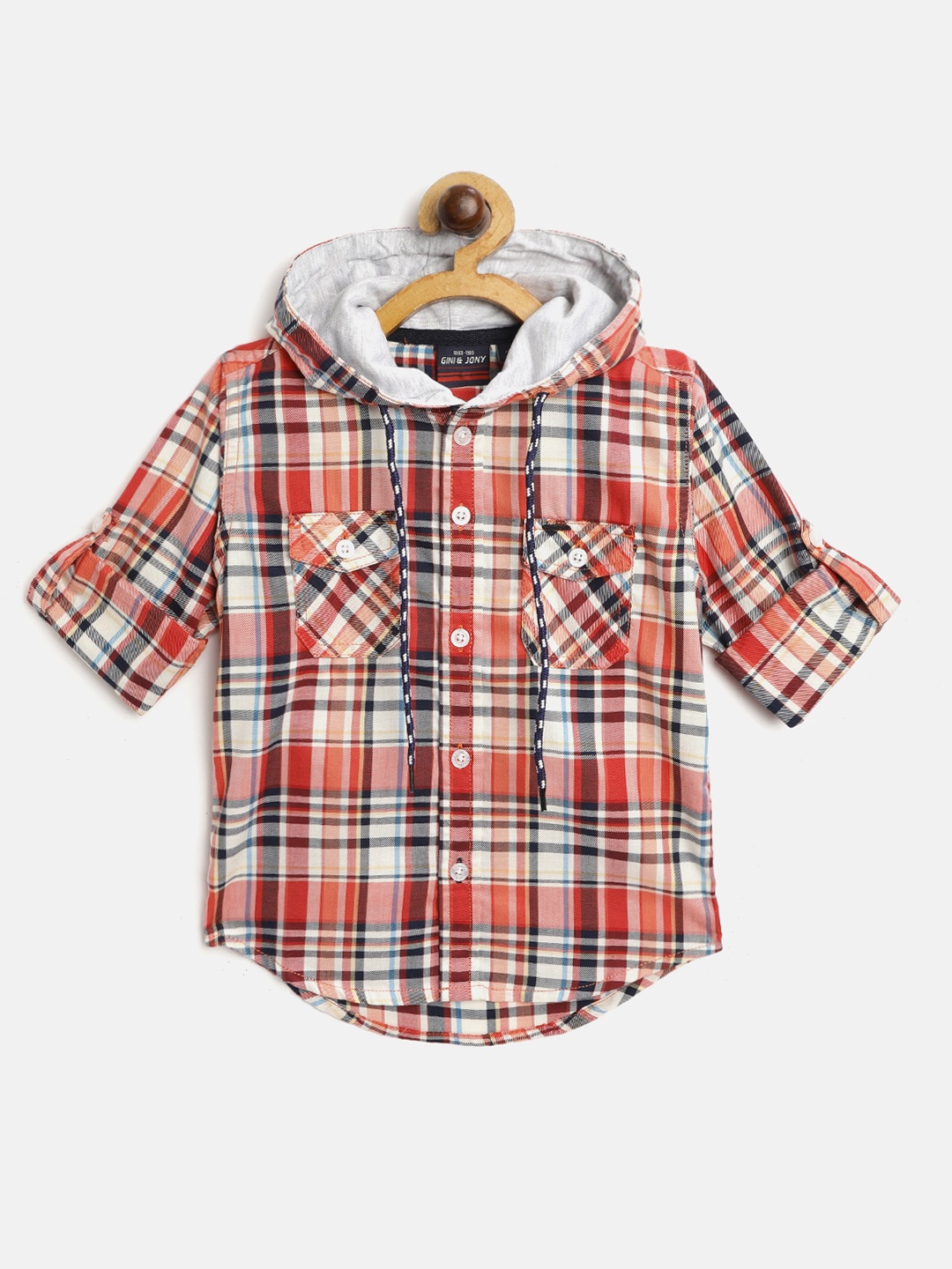 

Gini and Jony Boys Red & Navy Blue Cotton Tartan Checks Hooded Casual Shirt