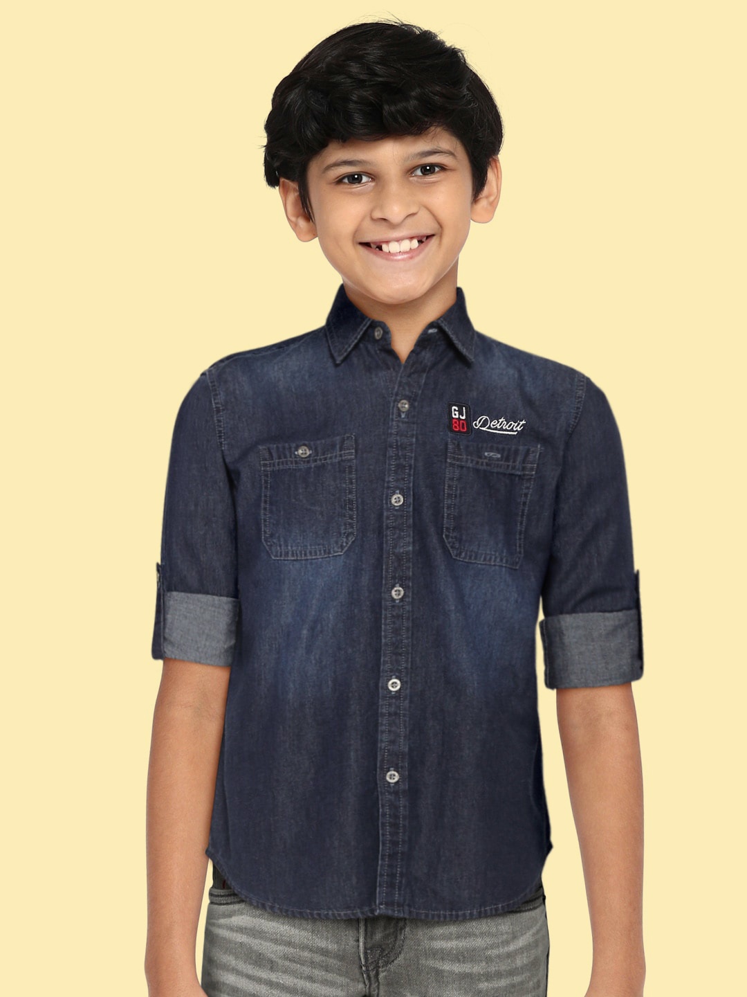 

Gini and Jony Boys Navy Blue Cotton Typography Print Denim Casual Shirt
