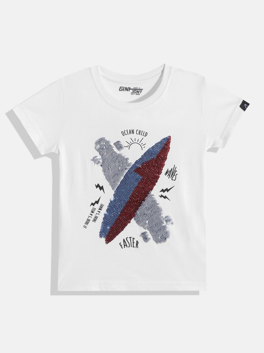 

Gini and Jony Infant Boys White & Blue Sequinned & Printed Pure Cotton T-shirt