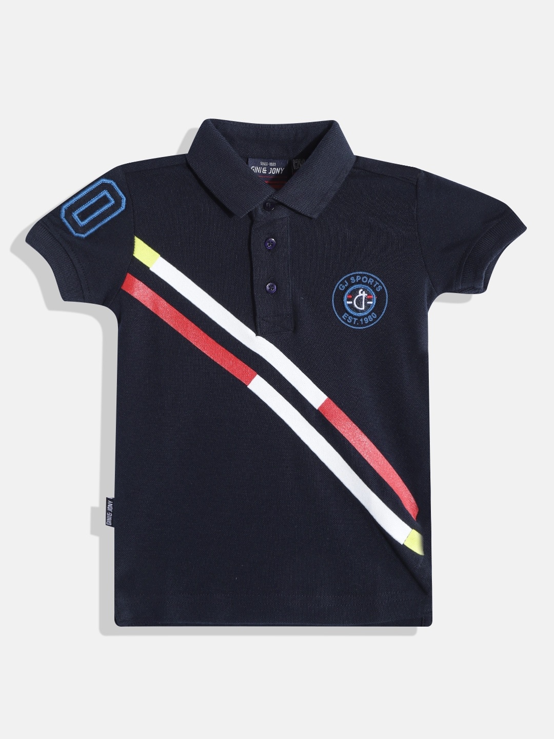 

Gini and Jony Boys Navy Blue & White Pure Cotton Striped Polo Collar T-shirt