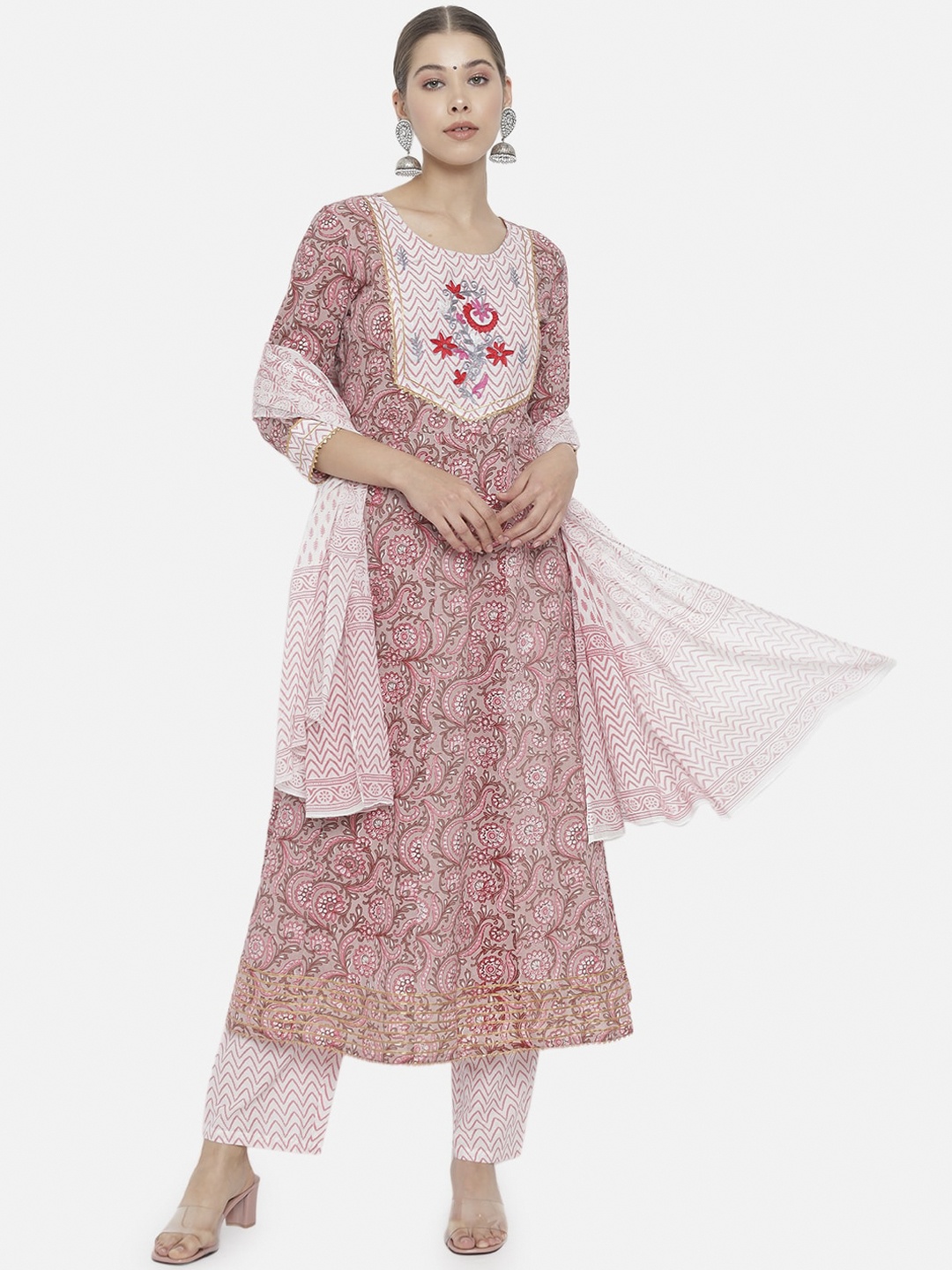 

Prakhya Women Red & Pink Floral Printed Pure Cotton Kurta With Trousers & Dupatta