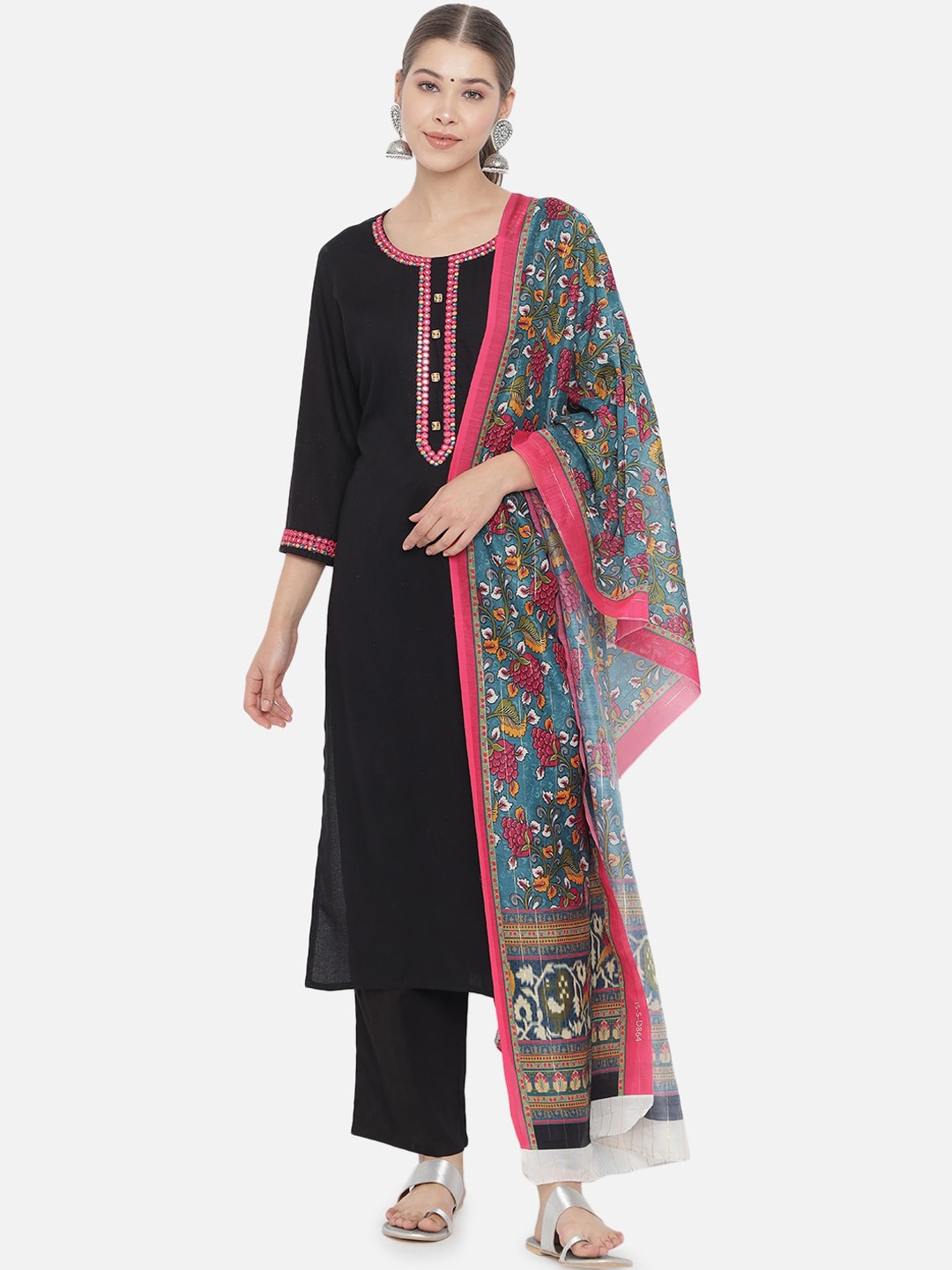 

Prakhya Women Black Embroidered Mirror Work Kurta with Trousers & With Dupatta