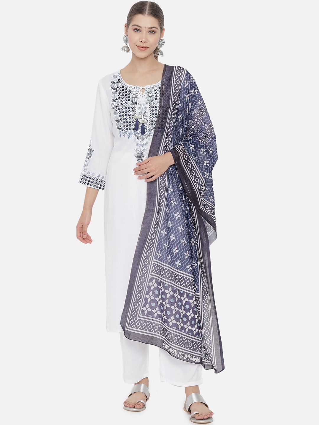 

Prakhya Women White & Blue Embroidered Mirror Work Kurta with Trousers & Dupatta