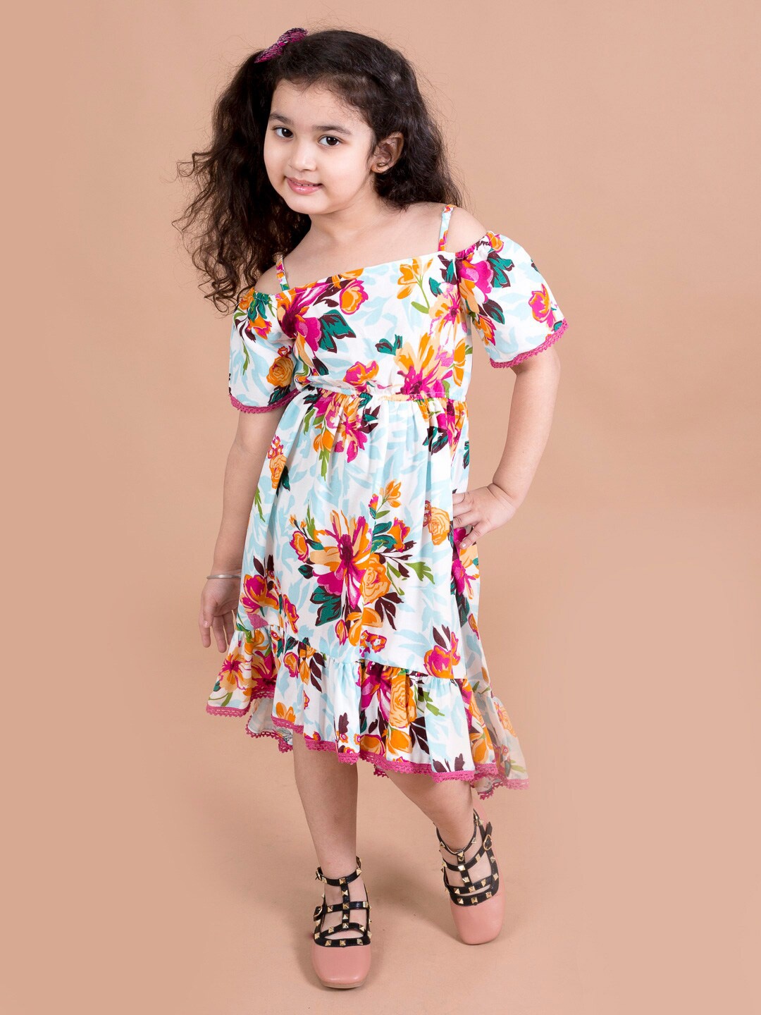 

pspeaches White & Blue Floral Print Fit & Flared Dress