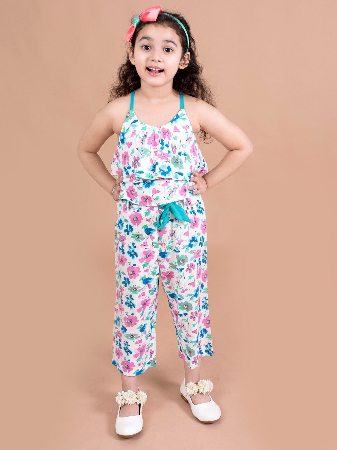 

pspeaches Girls White & Blue Floral Printed Co-Ords