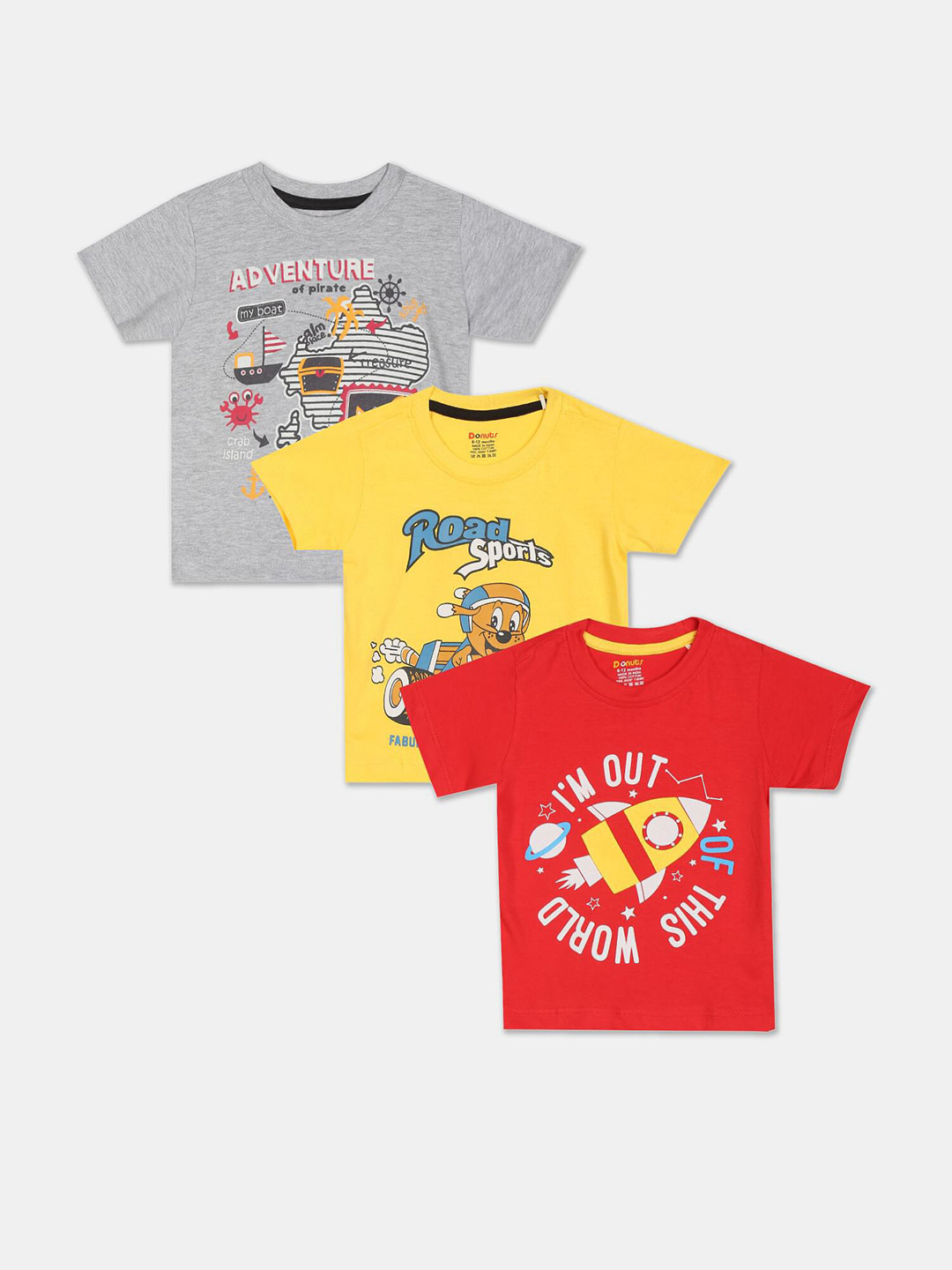 

Donuts Boys Pack Of 3 Assorted Graphic Printed Round Neck Regular Sleeves Knitted T-shirt