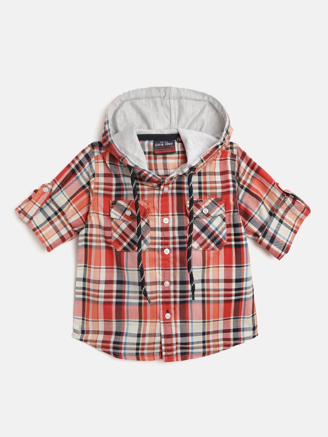 

Gini and Jony Infant Boys Orange & White Cotton Checked Hooded Casual Shirt