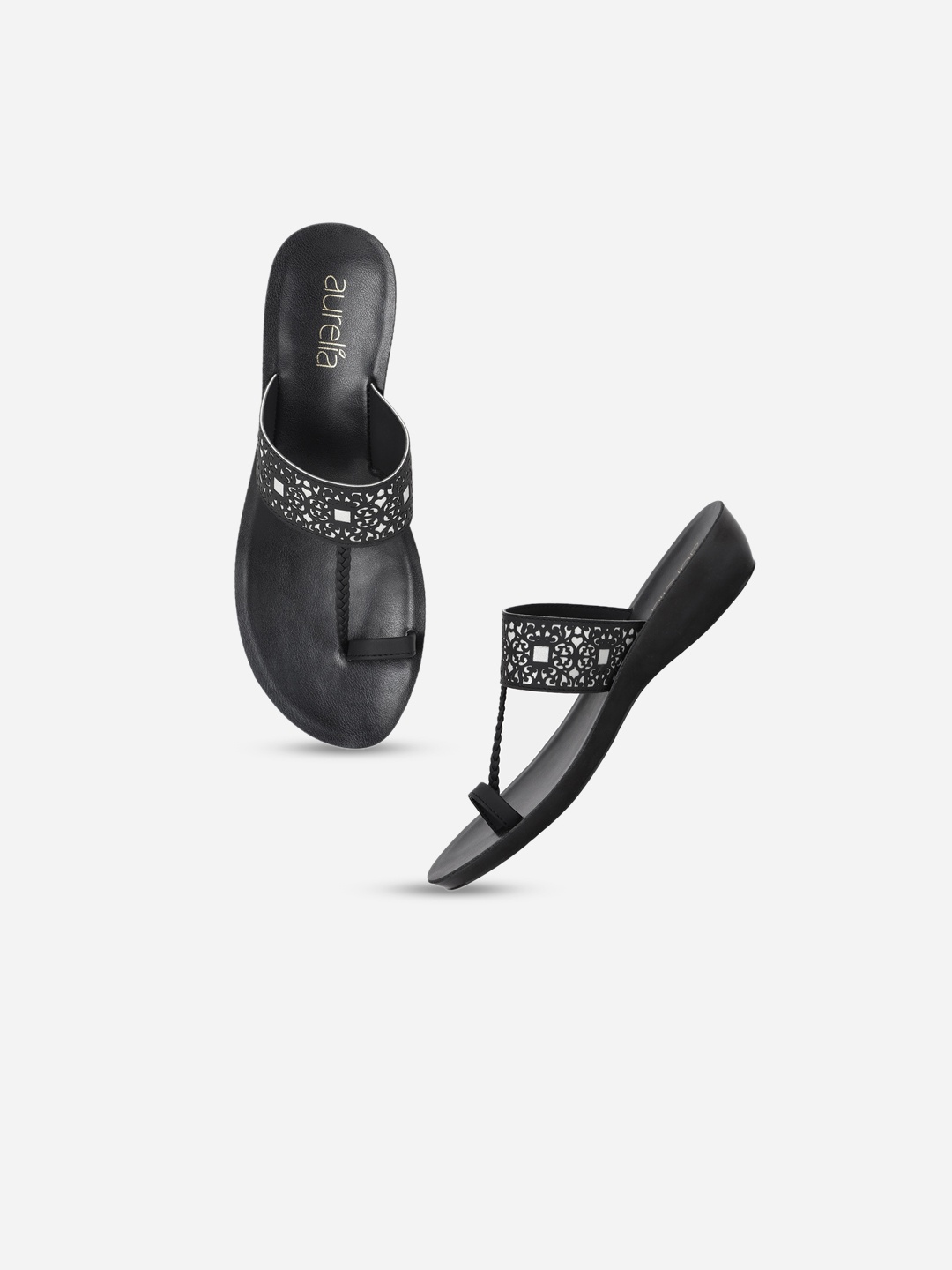 

AURELIA Black & Silver-Toned Embellished Comfort Sandals