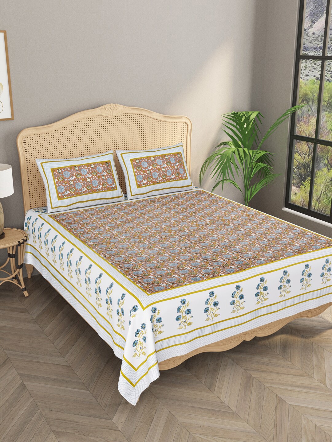 

Gulaab Jaipur Pink & Blue Floral 400 TC King Bedsheet with 2 Pillow Covers