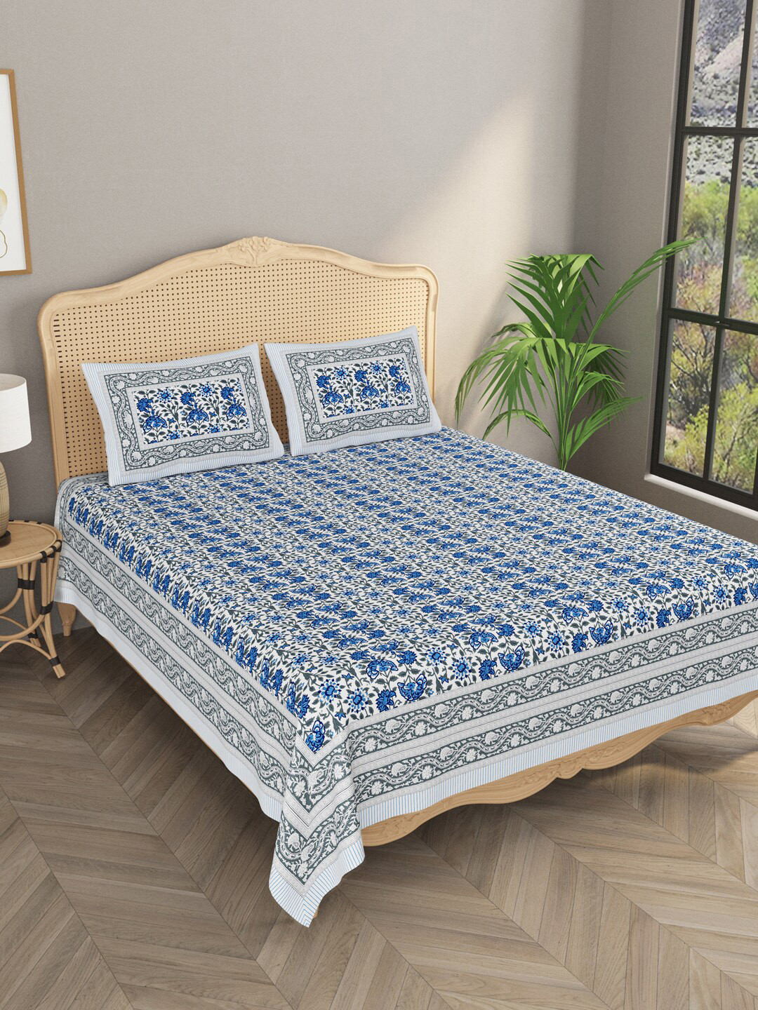 

Gulaab Jaipur Blue Floral Printed 400 TC King Bedsheet With 2 Pillow Covers