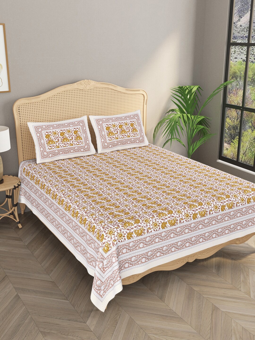 

Gulaab Jaipur Yellow & Brown Floral Cotton 400 TC King Bedsheet with 2 Pillow Covers