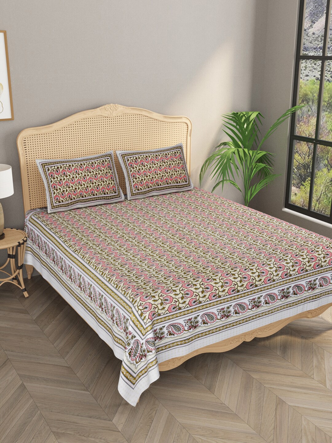 

Gulaab Jaipur Pink & Brown Floral Printed 400 TC King Bedsheet With 2 Pillow Covers