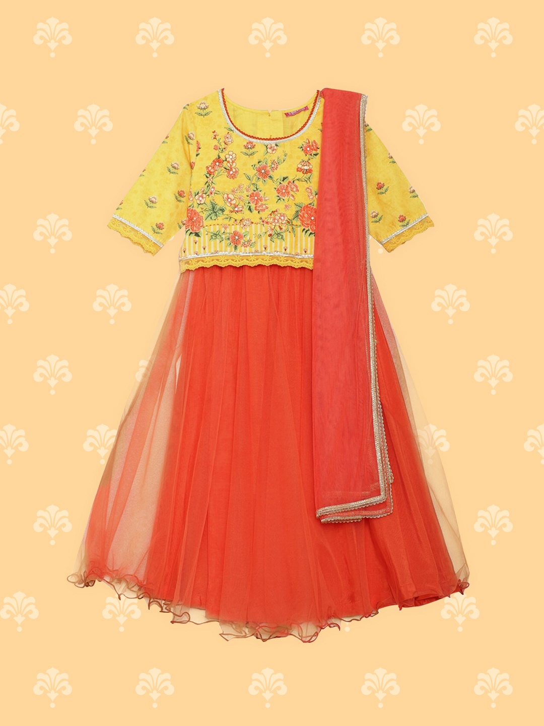 

Biba Girls Yellow & Orange Printed Sequinned Ready to Wear Lehenga & Blouse With Dupatta