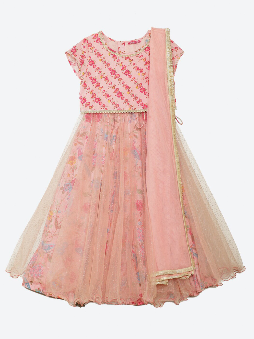 

Biba Girls Pink & Blue Printed Ready to Wear Lehenga & Blouse With Dupatta